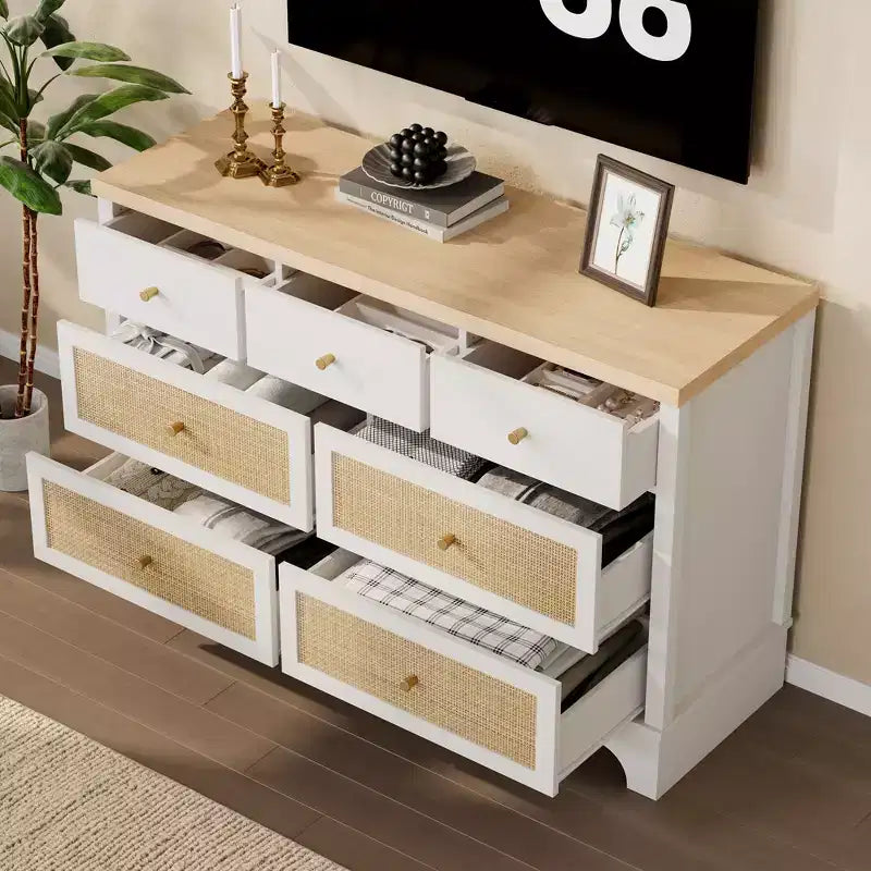 Cassettiera a 7 cassetti per camera da letto, cassettiera in rattan larga 120 cm, cassettiera grande, organizer boho per soggiorno, ingresso e corridoio