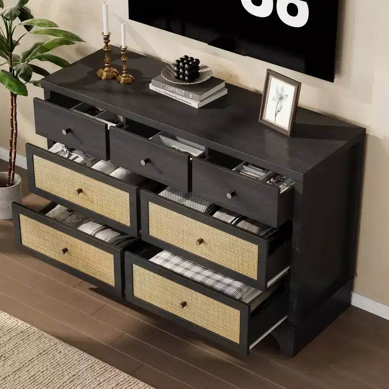 Cassettiera a 7 cassetti per camera da letto, cassettiera in rattan larga 120 cm, cassettiera grande, organizer boho per soggiorno, ingresso e corridoio