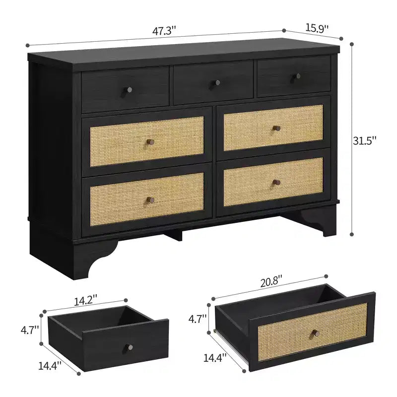Cassettiera a 7 cassetti per camera da letto, cassettiera in rattan larga 120 cm, cassettiera grande, organizer boho per soggiorno, ingresso e corridoio
