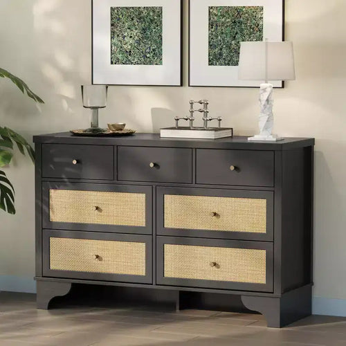 7 Drawer Dresser for Bedroom,47.3'' Wide Rattan Dressers,Large Chest of Drawers,Boho Closet Organizer for Living Room,Entryway and Hallway