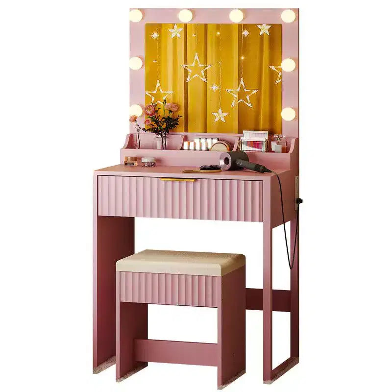 Tavolo da toeletta a 1 cassetto e 3 scomparti in truciolare bianco impiallacciato con melamina testurizzata, con 8 lampadine dimmerabili a tre colori