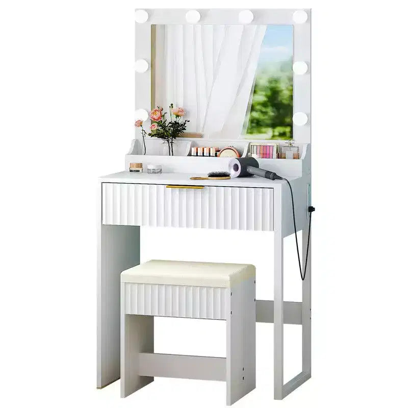 Tavolo da toeletta a 1 cassetto e 3 scomparti in truciolare bianco impiallacciato con melamina testurizzata, con 8 lampadine dimmerabili a tre colori
