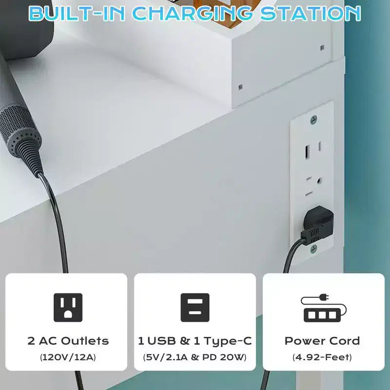 Tavolo da toeletta a 1 cassetto e 3 scomparti in truciolare bianco impiallacciato con melamina testurizzata, con 8 lampadine dimmerabili a tre colori
