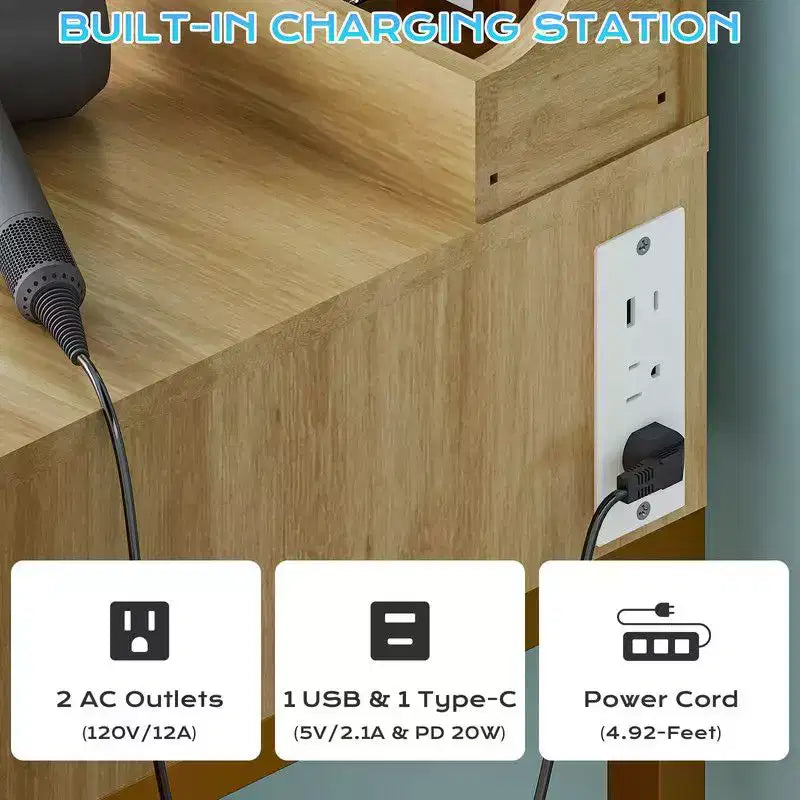 Tavolo da toeletta a 1 cassetto e 3 scomparti in truciolare bianco impiallacciato con melamina testurizzata, con 8 lampadine dimmerabili a tre colori