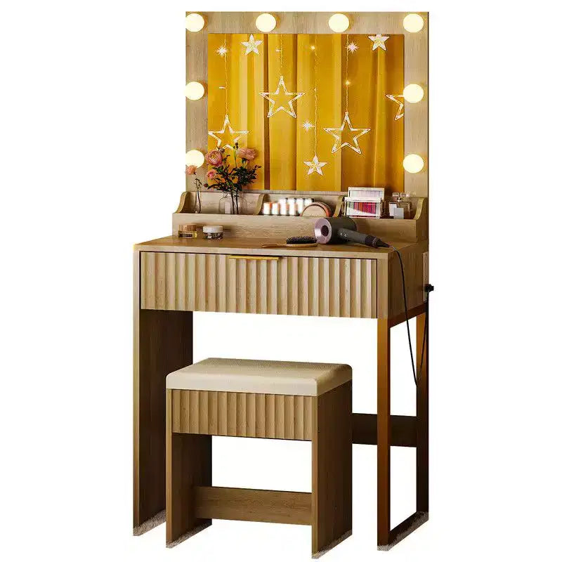 Tavolo da toeletta a 1 cassetto e 3 scomparti in truciolare bianco impiallacciato con melamina testurizzata, con 8 lampadine dimmerabili a tre colori