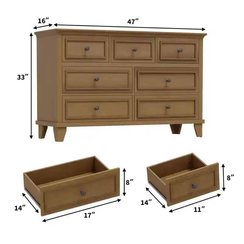Comò da camera da letto, cassettiera a 7 cassetti, cassettiera in legno con cassetti profondi, comò lungo 47 pollici mobile porta TV, cassettiera organizer moderna
