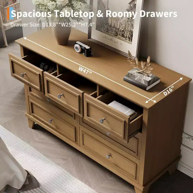 Comò da camera da letto, cassettiera a 7 cassetti, cassettiera in legno con cassetti profondi, comò lungo 47 pollici mobile porta TV, cassettiera organizer moderna