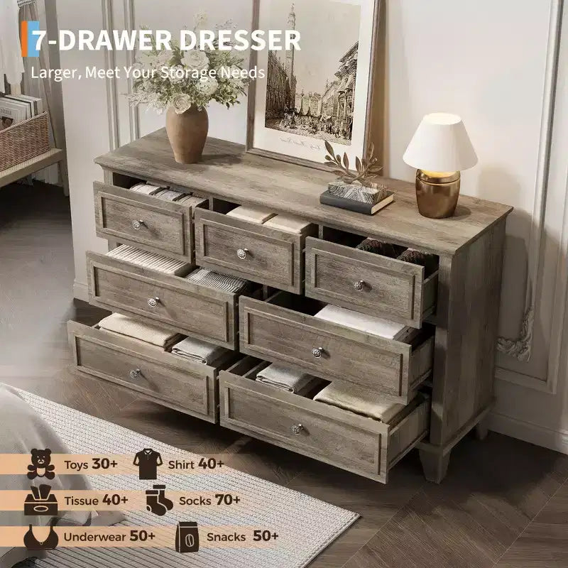 Comò da camera da letto, cassettiera a 7 cassetti, cassettiera in legno con cassetti profondi, comò lungo 47 pollici mobile porta TV, cassettiera organizer moderna