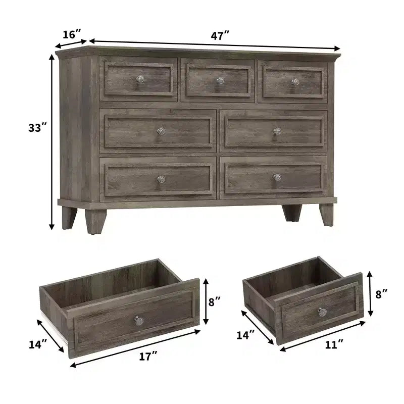 Comò da camera da letto, cassettiera a 7 cassetti, cassettiera in legno con cassetti profondi, comò lungo 47 pollici mobile porta TV, cassettiera organizer moderna