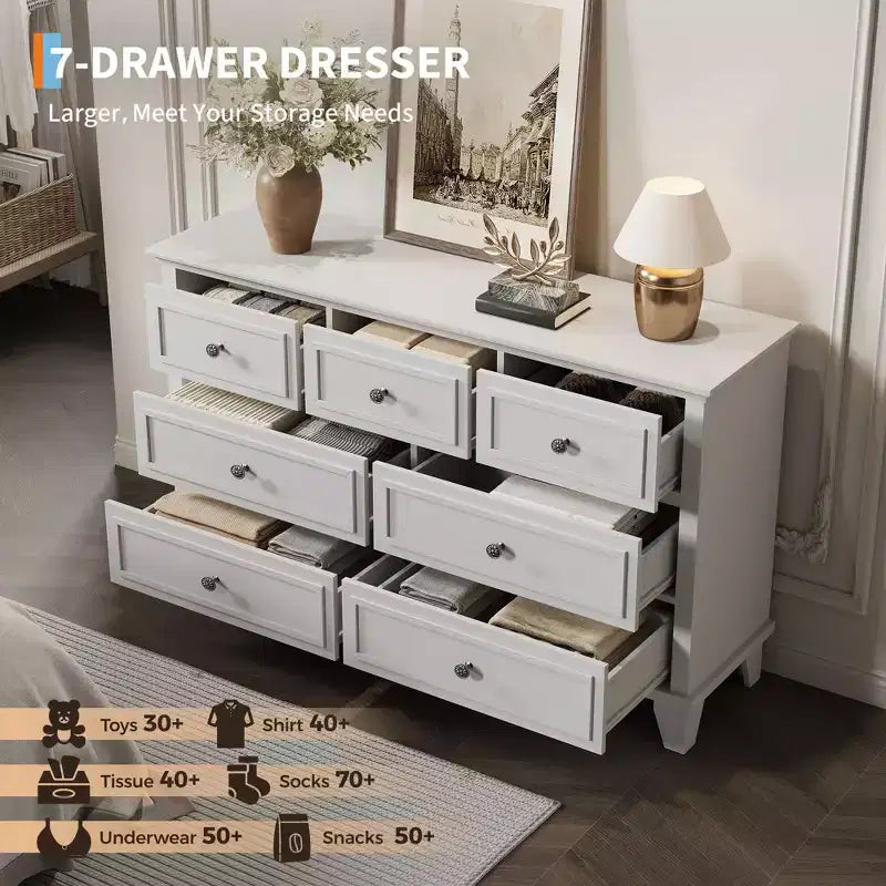 Comò da camera da letto, cassettiera a 7 cassetti, cassettiera in legno con cassetti profondi, comò lungo 47 pollici mobile porta TV, cassettiera organizer moderna