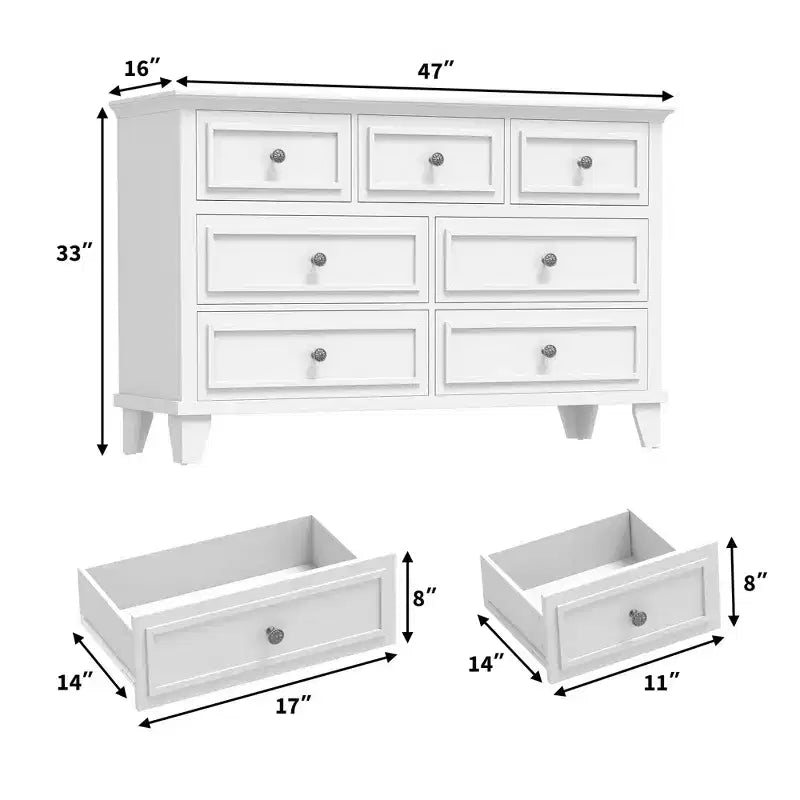 Comò da camera da letto, cassettiera a 7 cassetti, cassettiera in legno con cassetti profondi, comò lungo 47 pollici mobile porta TV, cassettiera organizer moderna