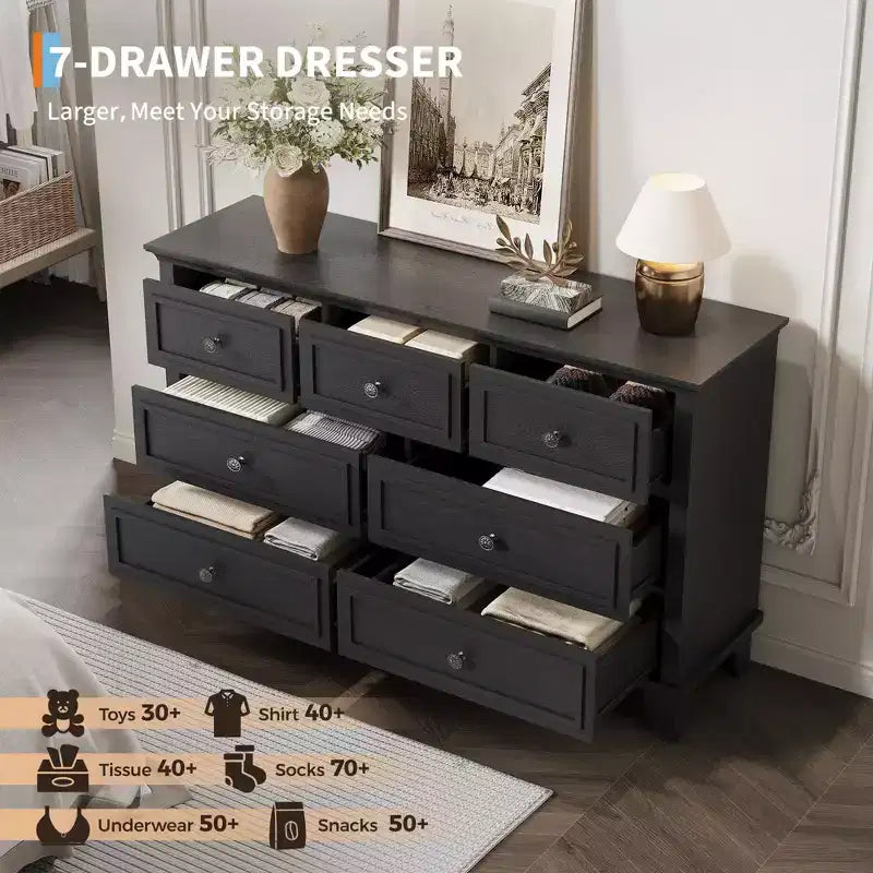 Comò da camera da letto, cassettiera a 7 cassetti, cassettiera in legno con cassetti profondi, comò lungo 47 pollici mobile porta TV, cassettiera organizer moderna