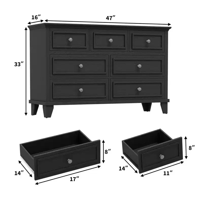 Comò da camera da letto, cassettiera a 7 cassetti, cassettiera in legno con cassetti profondi, comò lungo 47 pollici mobile porta TV, cassettiera organizer moderna