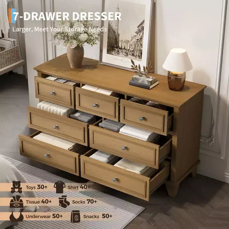 Comò da camera da letto, cassettiera a 7 cassetti, cassettiera in legno con cassetti profondi, comò lungo 47 pollici mobile porta TV, cassettiera organizer moderna