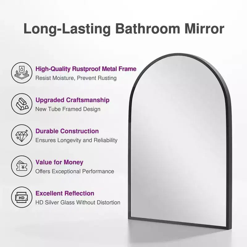 PexFix 36 x 24 Specchio da parete nero moderno con cornice sottile in lega di alluminio, a forma di arco, da appendere in bagno, sopra il lavabo, all'ingresso, in camera da letto, per toeletta