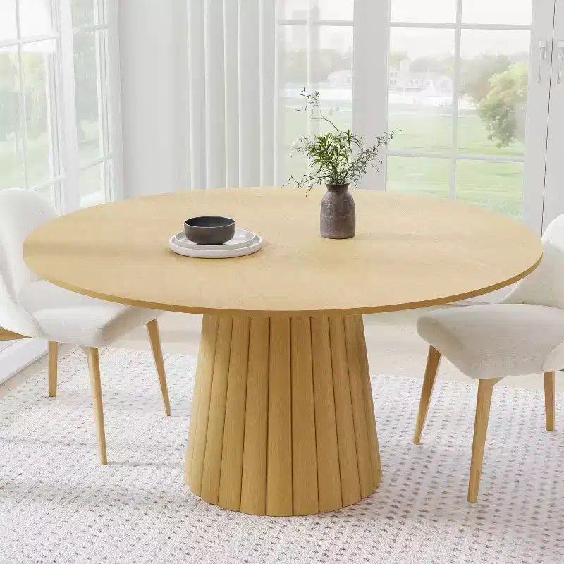 PexFix Tavolo da pranzo rotondo da 60 pollici in legno massello, tavolo da cucina per 6-8 persone con piano e base affusolata testurizzata per soggiorno/sala da pranzo, ufficio, colore naturale