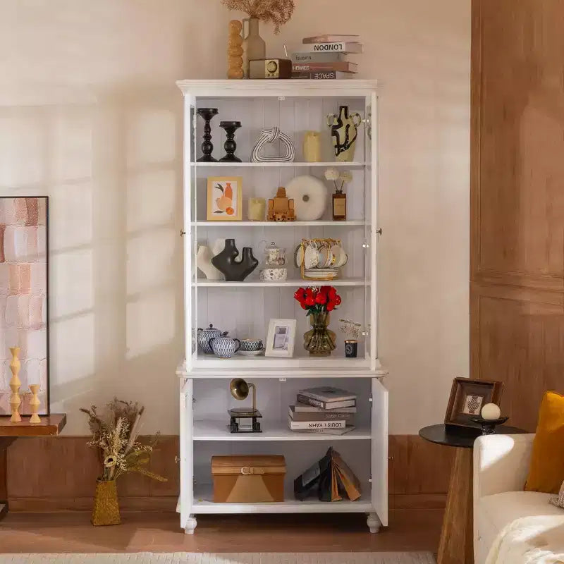 Libreria Okak Mid-Century, Scaffale con Ripiani Spessi a 5 Livelli e 4 Ante, Libreria da Esposizione Stile Farmhouse per Soggiorno, Ufficio