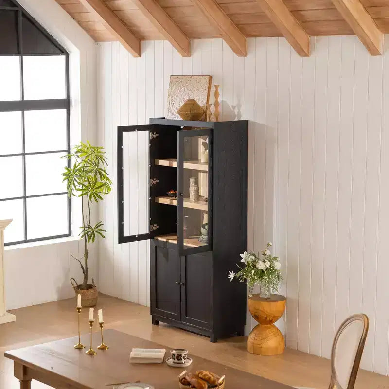 Libreria Okak Mid-Century, Scaffale con Ripiani Spessi a 5 Livelli e 4 Ante, Libreria da Esposizione Stile Farmhouse per Soggiorno, Ufficio