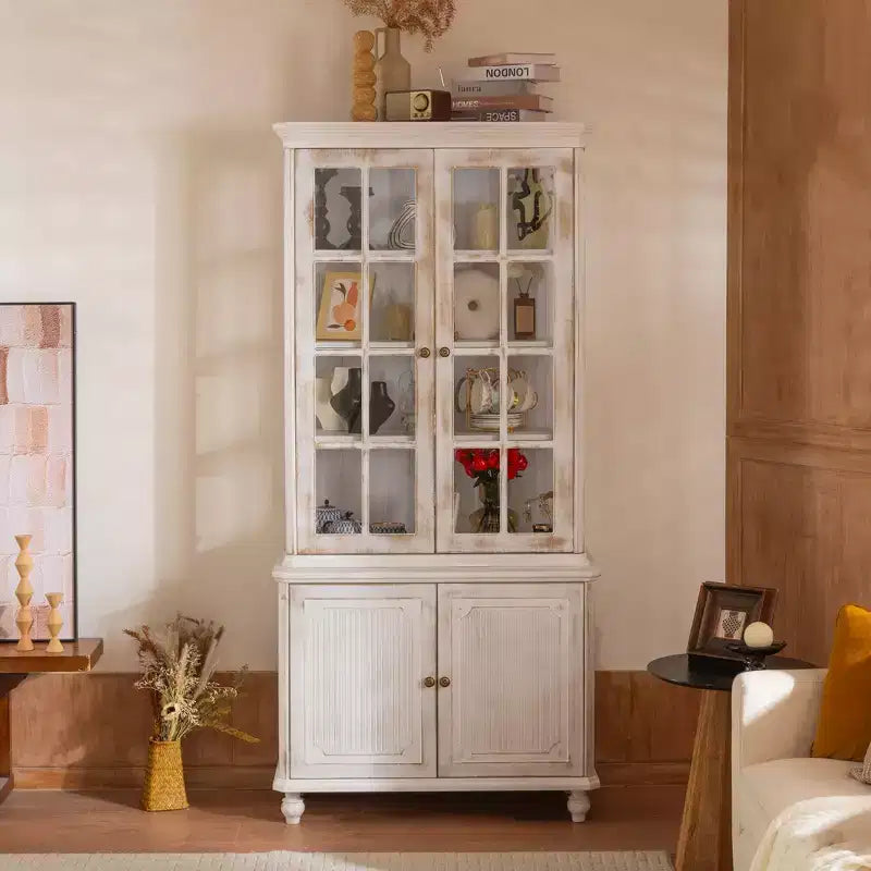 Libreria Okak Mid-Century, Scaffale con Ripiani Spessi a 5 Livelli e 4 Ante, Libreria da Esposizione Stile Farmhouse per Soggiorno, Ufficio