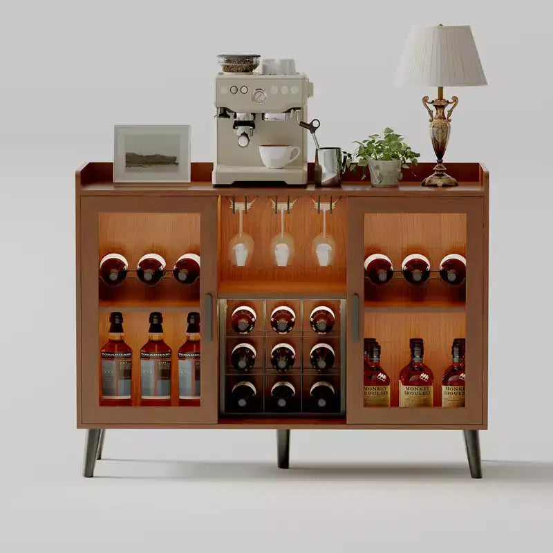 Mobile Bar Autonomo, Credenza Mobile Bar in Legno da 120 cm con Portabottiglie e Anta in Vetro, Madia Buffet per Soggiorno, Cucina