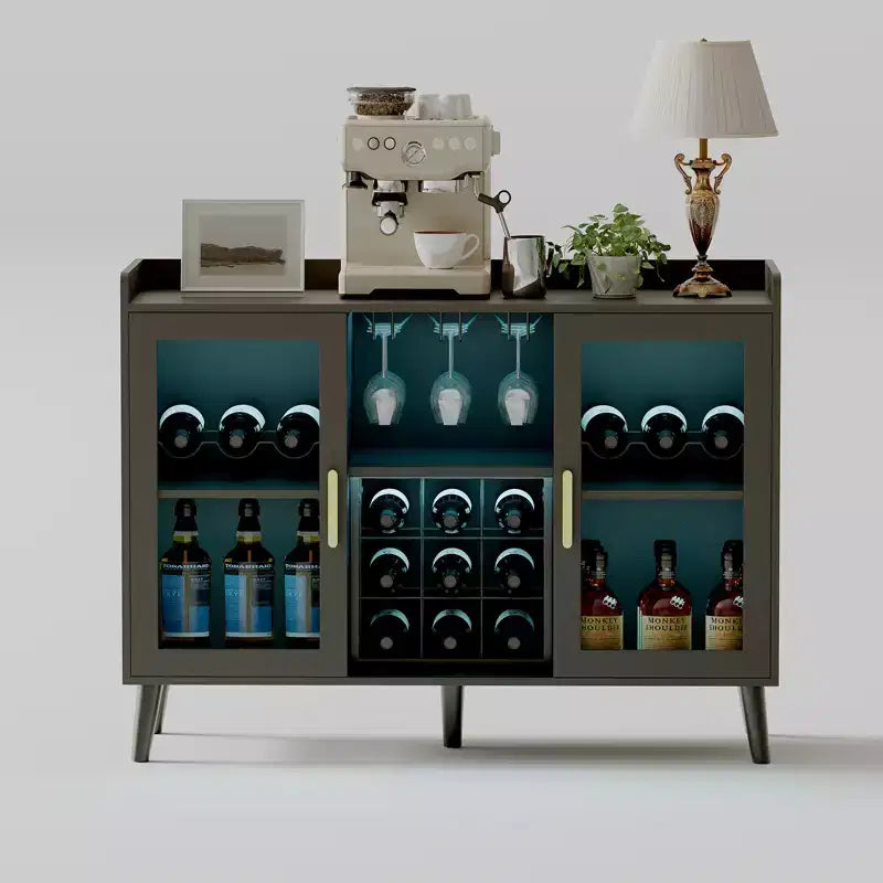 Mobile Bar Autonomo, Credenza Mobile Bar in Legno da 120 cm con Portabottiglie e Anta in Vetro, Madia Buffet per Soggiorno, Cucina