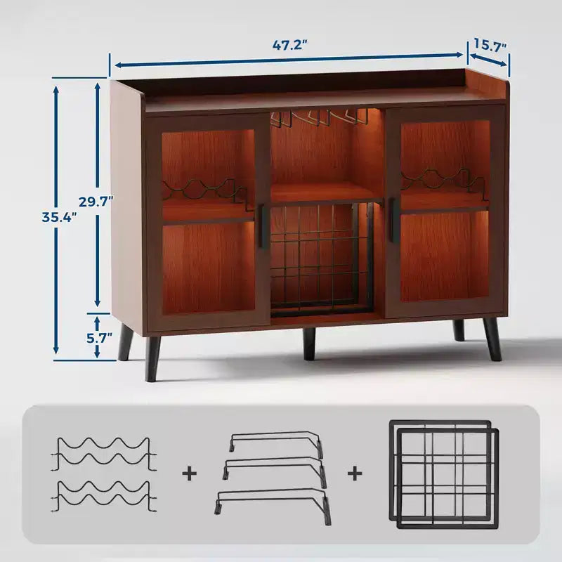 Mobile Bar Autonomo, Credenza Mobile Bar in Legno da 120 cm con Portabottiglie e Anta in Vetro, Madia Buffet per Soggiorno, Cucina