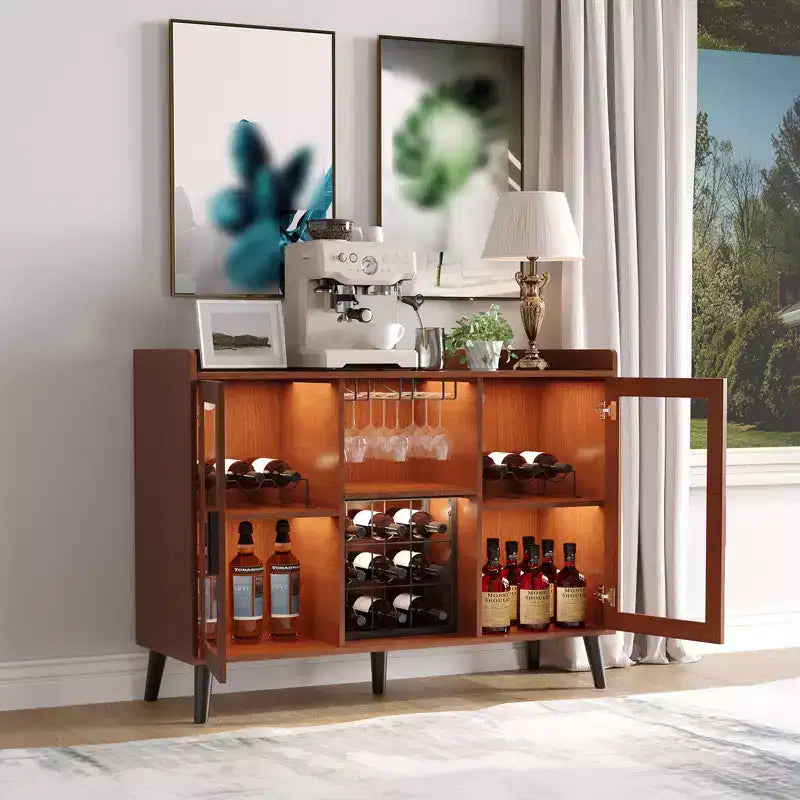 Mobile Bar Autonomo, Credenza Mobile Bar in Legno da 120 cm con Portabottiglie e Anta in Vetro, Madia Buffet per Soggiorno, Cucina