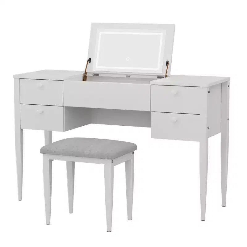 Toeletta da Trucco da Camera da Letto, Set Toeletta Moderno con Coperchio a Scomparsa, 5 Cassetti, Sgabello, 3 Modalità di Illuminazione, per Camera da Letto, Soggiorno
