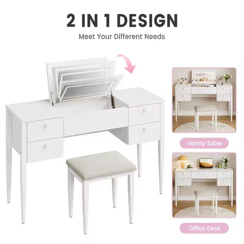 Toeletta da Trucco da Camera da Letto, Set Toeletta Moderno con Coperchio a Scomparsa, 5 Cassetti, Sgabello, 3 Modalità di Illuminazione, per Camera da Letto, Soggiorno