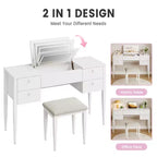 Toeletta da Trucco da Camera da Letto, Set Toeletta Moderno con Coperchio a Scomparsa, 5 Cassetti, Sgabello, 3 Modalità di Illuminazione, per Camera da Letto, Soggiorno