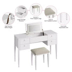 Toeletta da Trucco da Camera da Letto, Set Toeletta Moderno con Coperchio a Scomparsa, 5 Cassetti, Sgabello, 3 Modalità di Illuminazione, per Camera da Letto, Soggiorno