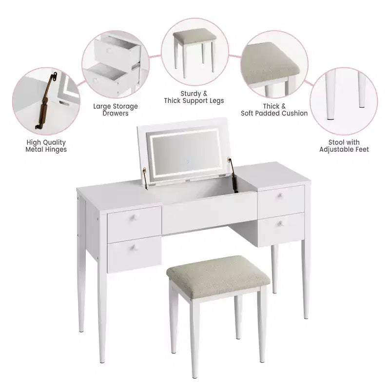 Toeletta da Trucco da Camera da Letto, Set Toeletta Moderno con Coperchio a Scomparsa, 5 Cassetti, Sgabello, 3 Modalità di Illuminazione, per Camera da Letto, Soggiorno