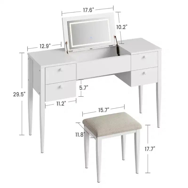 Toeletta da Trucco da Camera da Letto, Set Toeletta Moderno con Coperchio a Scomparsa, 5 Cassetti, Sgabello, 3 Modalità di Illuminazione, per Camera da Letto, Soggiorno