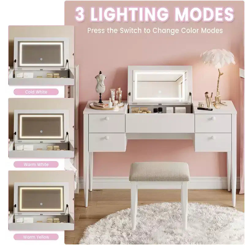Toeletta da Trucco da Camera da Letto, Set Toeletta Moderno con Coperchio a Scomparsa, 5 Cassetti, Sgabello, 3 Modalità di Illuminazione, per Camera da Letto, Soggiorno