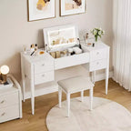 Toeletta da Trucco da Camera da Letto, Set Toeletta Moderno con Coperchio a Scomparsa, 5 Cassetti, Sgabello, 3 Modalità di Illuminazione, per Camera da Letto, Soggiorno