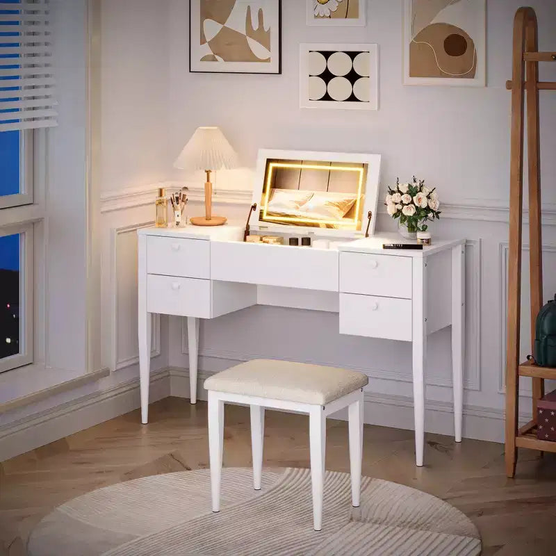 Toeletta da Trucco da Camera da Letto, Set Toeletta Moderno con Coperchio a Scomparsa, 5 Cassetti, Sgabello, 3 Modalità di Illuminazione, per Camera da Letto, Soggiorno