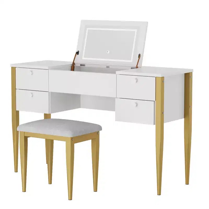 Toeletta da Trucco da Camera da Letto, Set Toeletta Moderno con Coperchio a Scomparsa, 5 Cassetti, Sgabello, 3 Modalità di Illuminazione, per Camera da Letto, Soggiorno