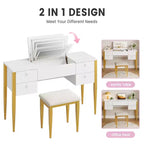 Toeletta da Trucco da Camera da Letto, Set Toeletta Moderno con Coperchio a Scomparsa, 5 Cassetti, Sgabello, 3 Modalità di Illuminazione, per Camera da Letto, Soggiorno