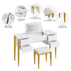 Toeletta da Trucco da Camera da Letto, Set Toeletta Moderno con Coperchio a Scomparsa, 5 Cassetti, Sgabello, 3 Modalità di Illuminazione, per Camera da Letto, Soggiorno