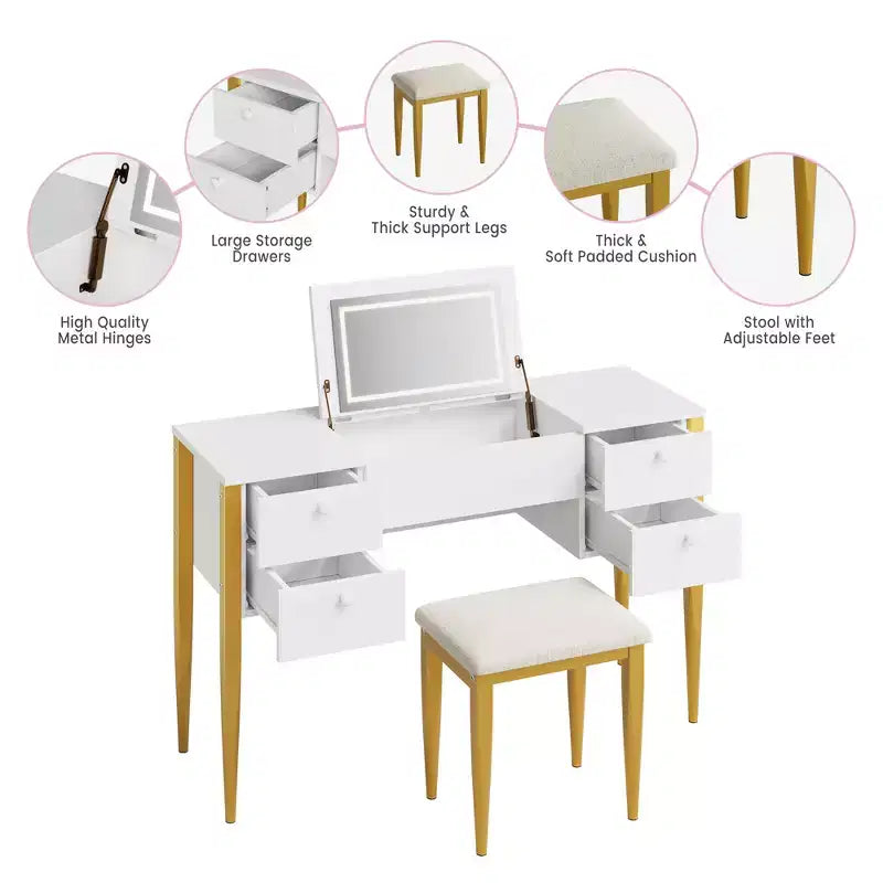 Toeletta da Trucco da Camera da Letto, Set Toeletta Moderno con Coperchio a Scomparsa, 5 Cassetti, Sgabello, 3 Modalità di Illuminazione, per Camera da Letto, Soggiorno