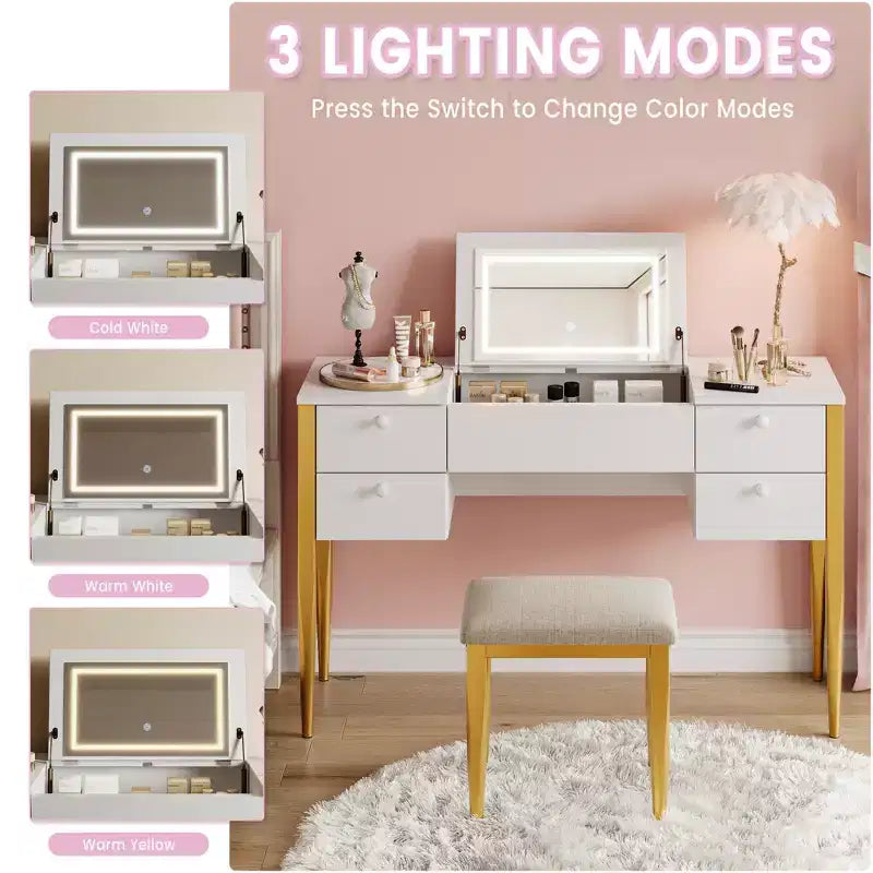 Toeletta da Trucco da Camera da Letto, Set Toeletta Moderno con Coperchio a Scomparsa, 5 Cassetti, Sgabello, 3 Modalità di Illuminazione, per Camera da Letto, Soggiorno