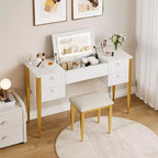 Toeletta da Trucco da Camera da Letto, Set Toeletta Moderno con Coperchio a Scomparsa, 5 Cassetti, Sgabello, 3 Modalità di Illuminazione, per Camera da Letto, Soggiorno