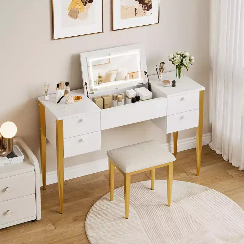 Toeletta da Trucco da Camera da Letto, Set Toeletta Moderno con Coperchio a Scomparsa, 5 Cassetti, Sgabello, 3 Modalità di Illuminazione, per Camera da Letto, Soggiorno