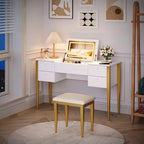 Toeletta da Trucco da Camera da Letto, Set Toeletta Moderno con Coperchio a Scomparsa, 5 Cassetti, Sgabello, 3 Modalità di Illuminazione, per Camera da Letto, Soggiorno
