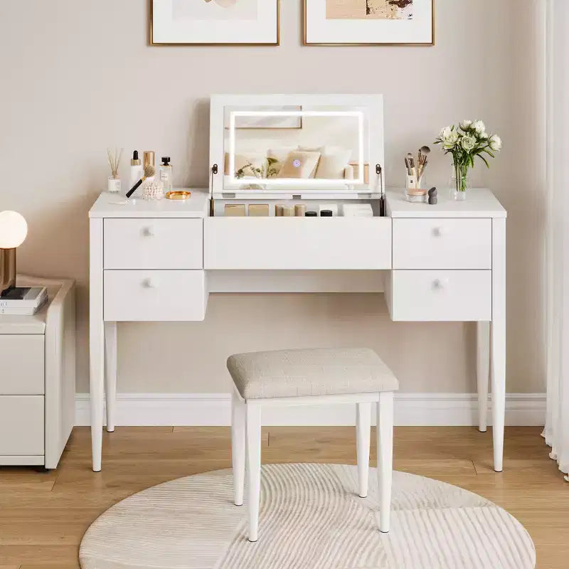 Toeletta da Trucco da Camera da Letto, Set Toeletta Moderno con Coperchio a Scomparsa, 5 Cassetti, Sgabello, 3 Modalità di Illuminazione, per Camera da Letto, Soggiorno