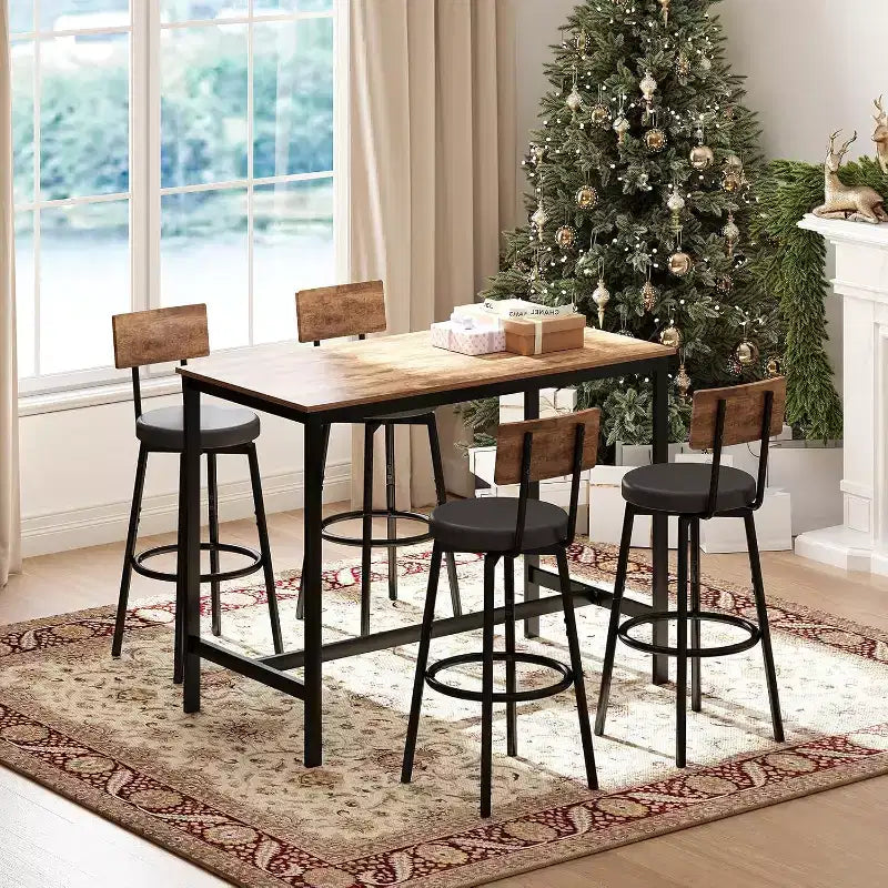 Set tavolo da pranzo Zevemomo per 4, set tavolo da bar da 5 pezzi, tavolo alto ad altezza bancone con 4 sgabelli rivestiti in PU, per piccoli spazi, marrone