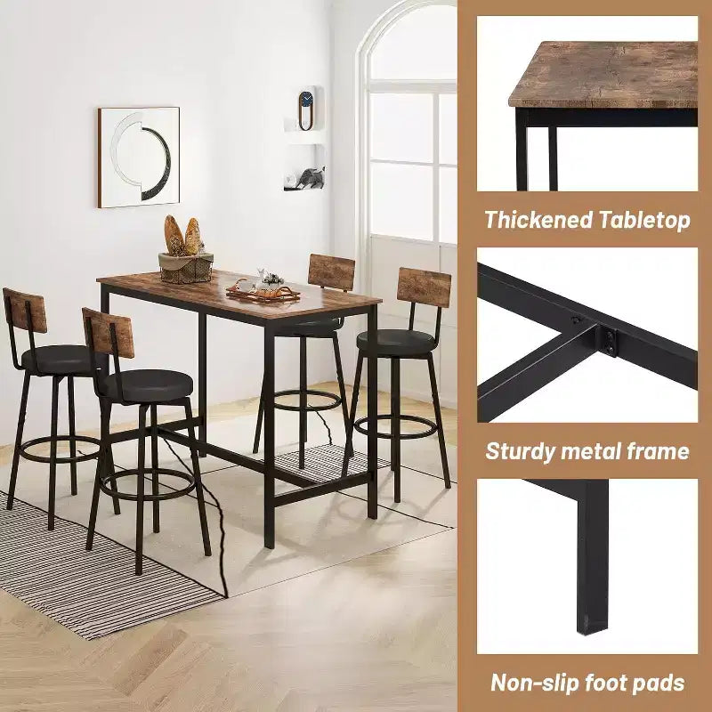 Set tavolo da pranzo Zevemomo per 4, set tavolo da bar da 5 pezzi, tavolo alto ad altezza bancone con 4 sgabelli rivestiti in PU, per piccoli spazi, marrone