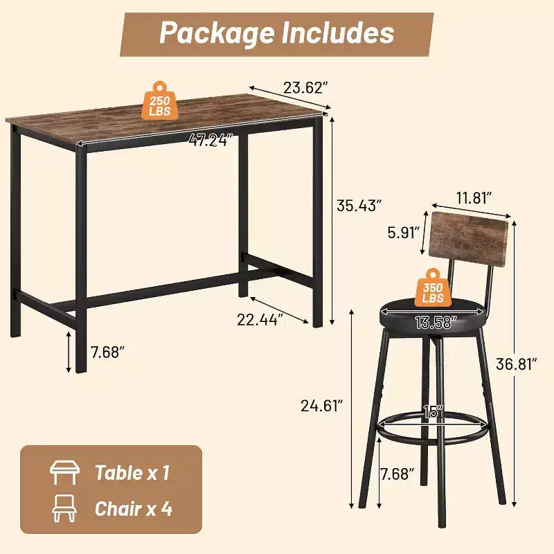 Set tavolo da pranzo Zevemomo per 4, set tavolo da bar da 5 pezzi, tavolo alto ad altezza bancone con 4 sgabelli rivestiti in PU, per piccoli spazi, marrone