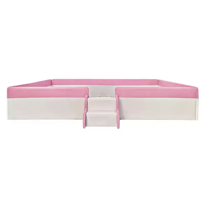 Letto Montessori a pavimento Bellemave in PU con recinzione e scalini, letto a pavimento Queen Size con doghe per bambini e bambine (rosa+bianco)
