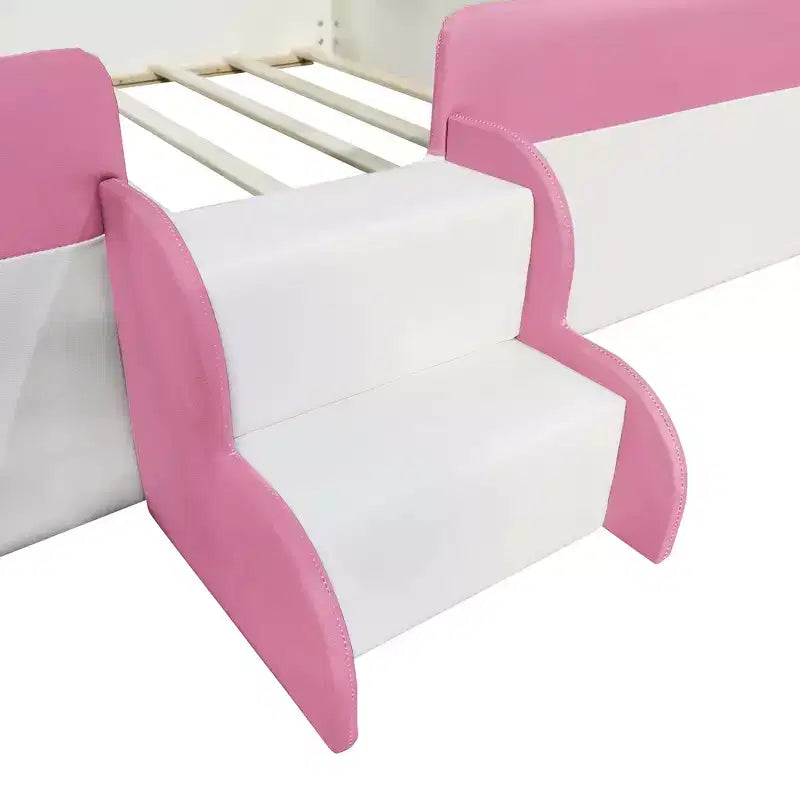 Letto Montessori a pavimento Bellemave in PU con recinzione e scalini, letto a pavimento Queen Size con doghe per bambini e bambine (rosa+bianco)